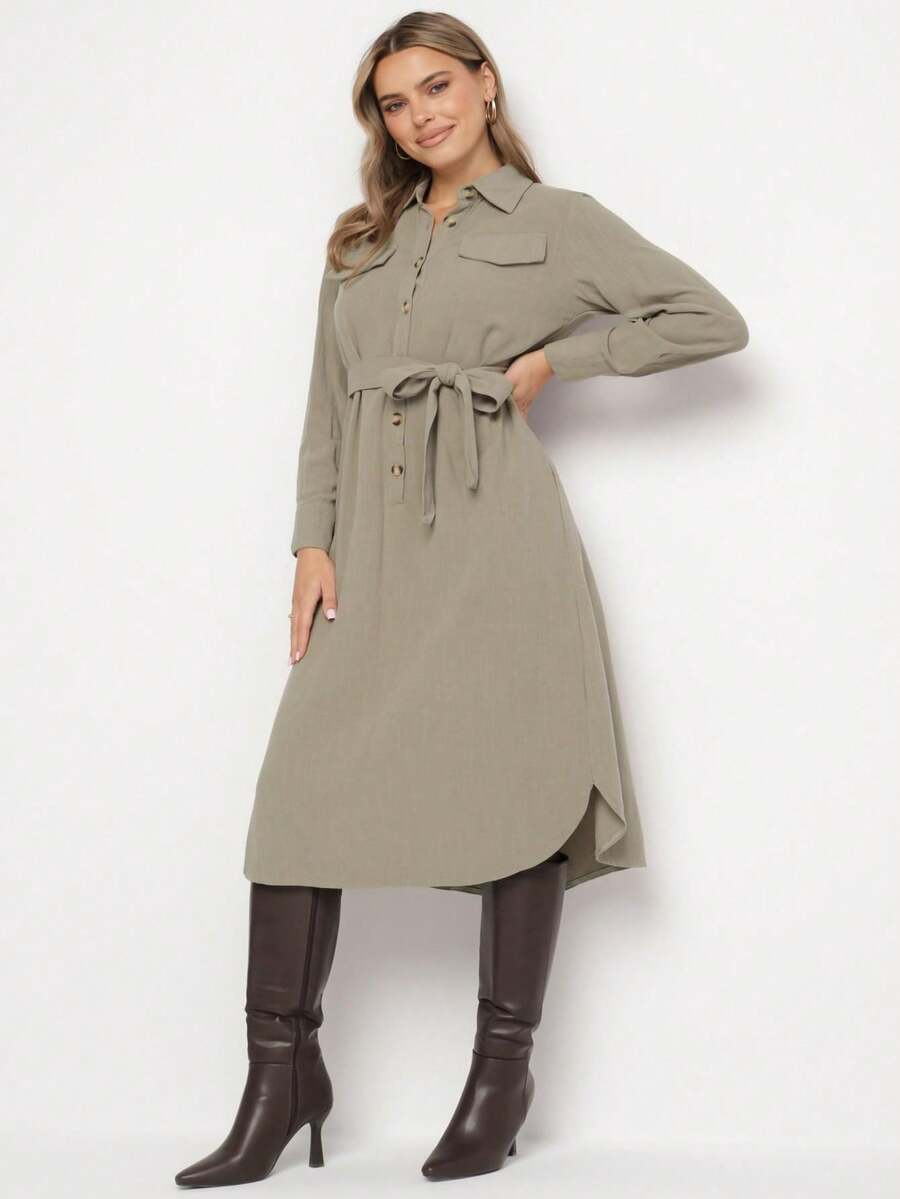 Robe chemise en coton unicolore avec ceinture à nouer pour femmes - Vert - Voir 1