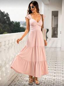 Loose-Fitting Beach Dress With V-Neck, Open Back, Waist Tie, And Loose Hem For Women. Perfect For Summer, Spring, Comfortable, Elegant, And Simple. Features Pleated Details, Ruffled Hem, And A Ruched Hem. Ideal For Vacation Or The Beach. - Pink - View 2