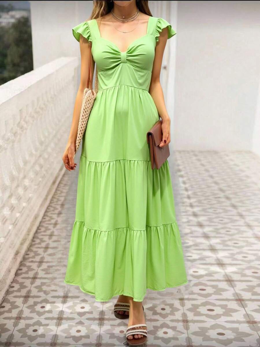 Loose-Fitting Beach Dress With V-Neck, Open Back, Waist Tie, And Loose Hem For Women. Perfect For Summer, Spring, Comfortable, Elegant, And Simple. Features Pleated Details, Ruffled Hem, And A Ruched Hem. Ideal For Vacation Or The Beach. - Green - View 1