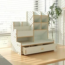 1pc Multi-Compartment Wooden Desktop Organizer Rack, Light Brown Rustic Style, Layered Compartments & Drawers, Holds Office/Home Supplies, Keeps Desk Tidy