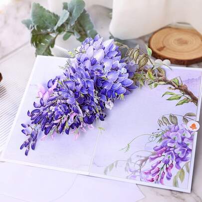 1Pc Dreamy Wisteria Flower Scene 3D Greeting Card, Exquisite Paper Sculpture Design, Suitable For Home And Party Atmosphere Decoration, Birthday Card, Surprise Gift For Friends, Gift For Parents, Suitable For Various Festivals, Celebrations And Parties