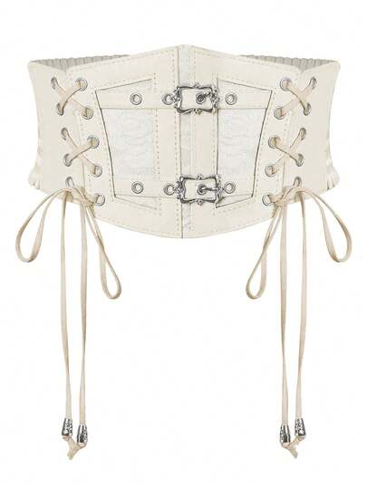 1pc Women's Street Style White Renaissance Accessory Fashion Adjustable Drawstring Wide Waist Belt, Suitable For Halloween Party Or Daily Wear