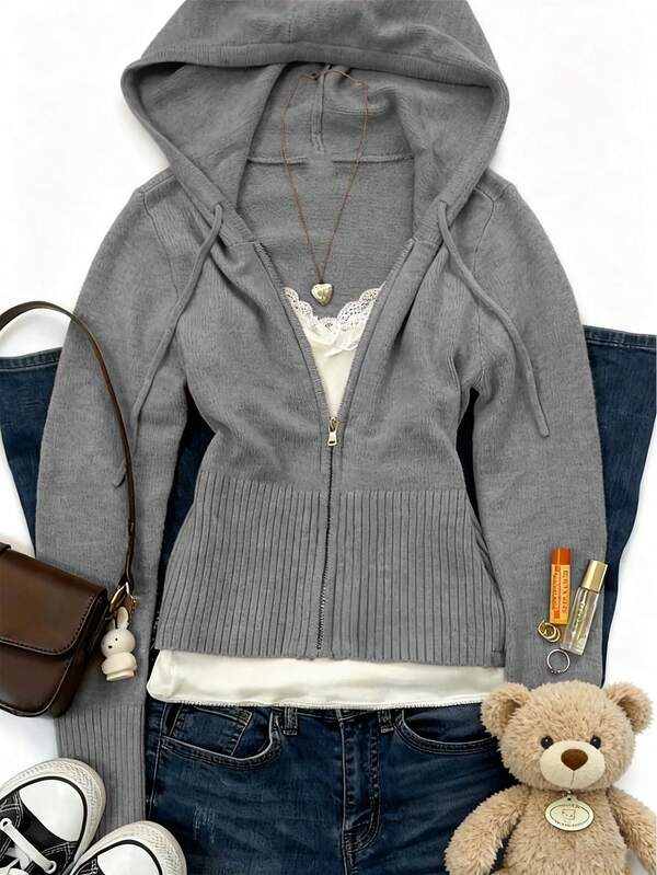 Women's Casual Cute Cropped Zip Hooded Slim Fit Knitted Sweater Cardgian Top Drawstring Long Sleeve Daily Commuter Versatile Knit Coat Fall Winter Going Out Outfits Clothes Streetwear Y2K