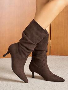 秋冬新款女士时尚百搭旅行纯色轻便耐穿真皮西部靴，褶皱舒适中筒靴，适合各种场合，猫跟 - 咖啡棕 - 查看 2