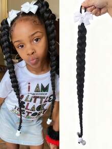Kids Long Braided Ponytail Synthetic Hair Extension With Bow,With Bead In The End, High Elasticity Hair Tie Design,Ponytail Accessories 1pc - Natural Black - View 9