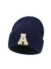 1pc Unisex Personalized Embroidered A-Z Letter Elastic Knit Beanie Hat, Fashionable Streetwear Hip Hop Knit Cap, Suitable For Autumn/Winter Daily Wear - Navy Blue - View 7