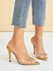 女士高跟透明PVC穆勒鞋,经典春夏款式,适合派对、宴会、户外活动、时装秀、舞台表演、居家休闲等场合。尖头设计,金色细高跟,激光鳄鱼纹压花材质,套脚式设计,优雅时尚。 - 金色 - 查看 4