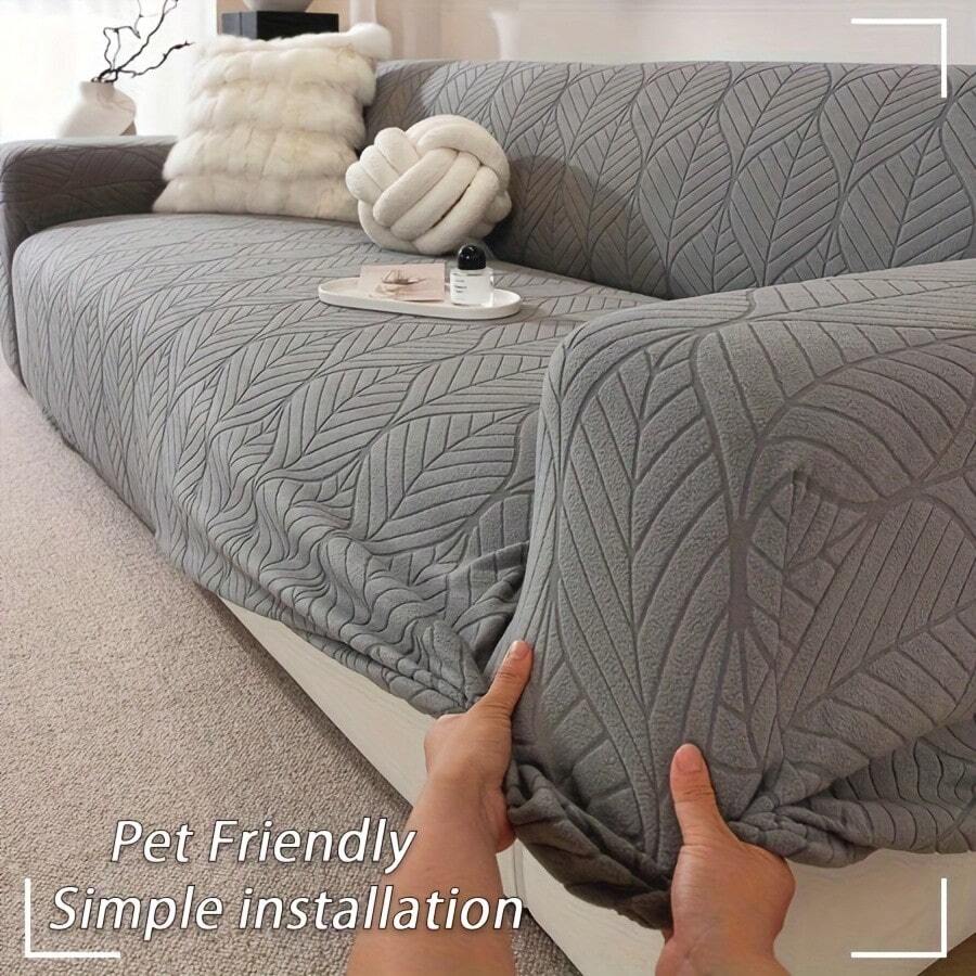 1 Piece Square Sofa Cover With Leaf Pattern - Elastic, Machine Washable Furniture Protector For All Seasons With Stylish Leaf Design, Soft, Durable Fabric For 1-4 Seater & Corner Sofas, Pet-Friendly Structured Fit For Home Culture, Corner Sofa Cover - 淺灰色 - 查看 1