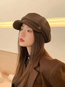 Solid Color Beret Cap Beret Hat Women Spring/Summer Korean Style Face-Shaping Octagonal Painter Hat - 咖啡棕 - 查看 5