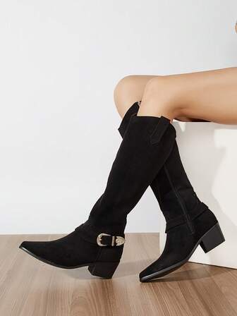 Women's Mid-Heel Knee-High Boots, Winter Pointed Toe Thick Heel Black Solid Color Metal Buckle Decor Fashion Simple Riding Boots