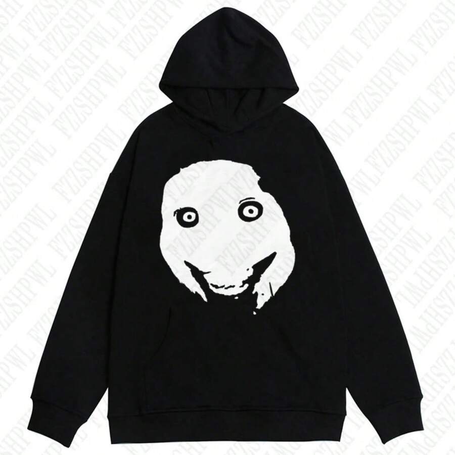 Fashion Kawaii Aesthetics Graphic Print Y2K Hooded Sweatshirt Hip Hop Punk Loose Long Sleeve Top Rock Goth Vintage Chic Pullover - màu đen - Xem 1