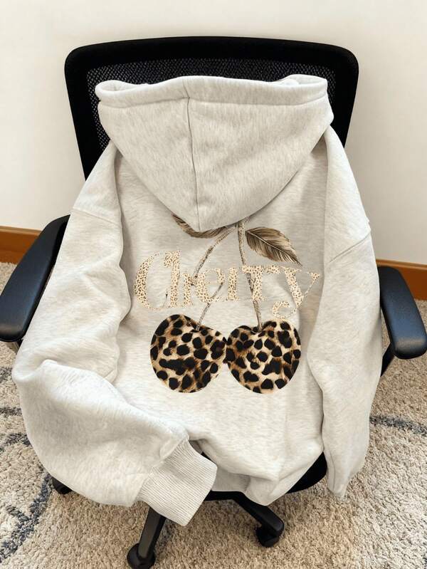 Sudadera con capucha de ajuste holgado casual con estampado de letras y cerezas LOVE JOYY para mujer, prenda de otoño