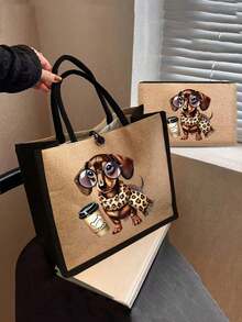 Yellow Linen Buckle Handbag With Black Border, Printed With A Dachshund Wearing Glasses And A Cup Of Coffee Includes A Large Bag And A Small Wallet, Handbag And Coin Purse, Handbag And Wallet, Cute Scarf Puppy Pattern Design, Card Holder, Multifunctional Portable Teacher Handbag, Teacher Appreciation Linen Bag, Women's Gift,