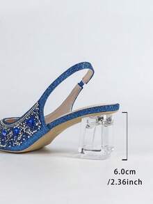 Sandales à talons hauts mode femme, talons hauts à bout pointu, décoration de strass étincelants, talon asymétrique en cristal transparent, sandales à talons hauts sans dos avec bride élastique, semelle intérieure légère et confortable, convient pour les fêtes, les mariages, les affaires, les sorties ! Tenues de printemps et d'été - Bleu azur - Voir 7