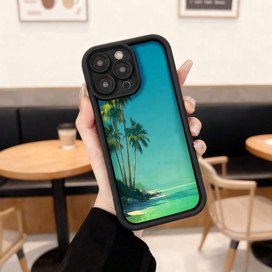 Cubierta de teléfono con borde negro y diseño tropical azul con palmeras y playa para uso diario en cafeterías y viajes Aplicable a los teléfonos de la serie Apple y Galaxy - Café integral - Ver 1