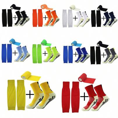 3pcs/Set Men's Football Sports Socks With Towel Bottom, Anti-Slip, Moisture Wicking, With Leg Sleeve And Bandage