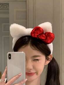 Hatastic Tom's Cat 耳朵毛絨髮箍，S 號休閒拍照髮飾，蝴蝶結髮箍，聚酯纖維，適合四季情人節，髮帶，髮箍，禮物，音樂節，返校季 - 彩色 - 查看 11