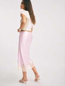 Women Silk Satin Half Slip Long Skirts Lace Patchwork Elastic Waist Long Skirt Elegant Silky Flowy A Line Midi Skirts - 粉色 - 查看 4