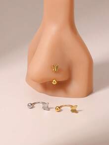 1 件 18K 镀金蝴蝶鼻环，防过敏轻质银质鼻饰耳环吊坠鼻穿孔珠宝/金口环/银鼻环/女士 316L 不锈钢唇环耳环/耳屏环软骨 - 蝴蝶型 - 查看 2