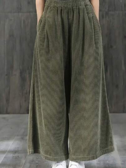 大码女式高腰灯芯绒阔腿裤 - 松紧腰带，宽松版型，纯色，休闲风格，带口袋，四季皆宜