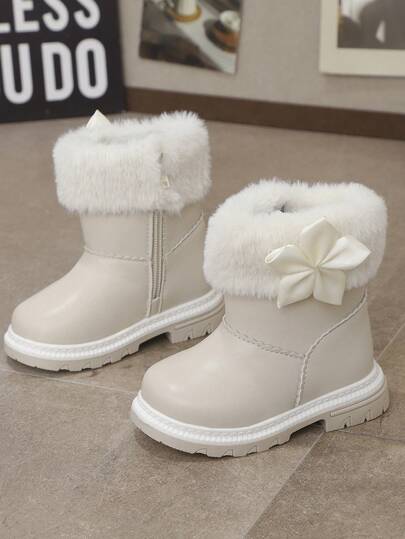 1 Pair Girls/Toddlers/Infants Fashion Comfortable Lightweight Floral Decor Side Zipper Thick Warm Snow Boots, Suitable For Daily Outdoor Wear In Autumn/Winter