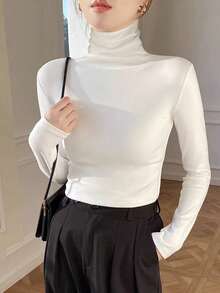 270g Autumn/Winter Thermal High Neck Base Layer Slim Fit Solid Color Long Sleeve Top, Versatile - White - View 4