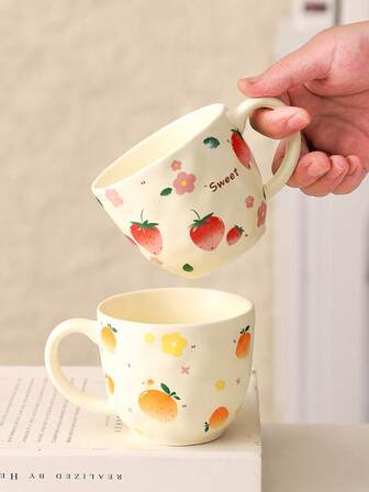1pc Fruit & Floral Ceramic Mug, Refreshing Beverage Cup, Milk And Coffee Cup, Suitable For Kitchen, Living Room, Home Entertaining, Gift, Christmas Present