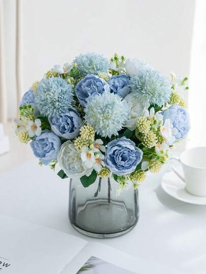 1pc Artificial Blue Peony & Chrysanthemum Bouquet, Silk Embroidered Peony Hydrangea Flower With Stem, Suitable For Home Centerpiece, Dining Table Decor, Indoor/Outdoor New Year Party, DIY Wedding Floral Decoration