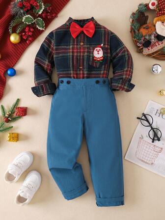Christmas Santa Claus Embroidery + Bow Tie Long Sleeve Shirt With Pants Gentleman Suit Set