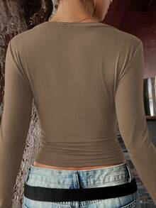 Vaiaye Women's Sexy Fitted Knit Long Sleeve Top, Solid Color V-Neck T-Shirt, Suitable For Valentine's Day Wear - Khaki - View 2