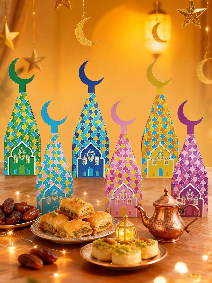 1pc/10pcs Crescent Moon Shaped Boxes, Halal Candy Packaging Boxes, Ramadan Festival Gift Boxes, Islamic Party Decor Handbag, Minimalist Handbag, Suitable For Ramadan, Other Holiday Gatherings And Parties, Birthday Parties - Multicolor - View 1