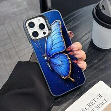 Colorful Silver Apple Phone CaseA Blue Butterfly With Gold Accents On A Blue BackgroundCompatible With  11 To  17 Models The Cases Lens Protection Function Ensures The Camera Remains Undamaged During Shooting  Guaranteeing Image Quality - Black - View 2