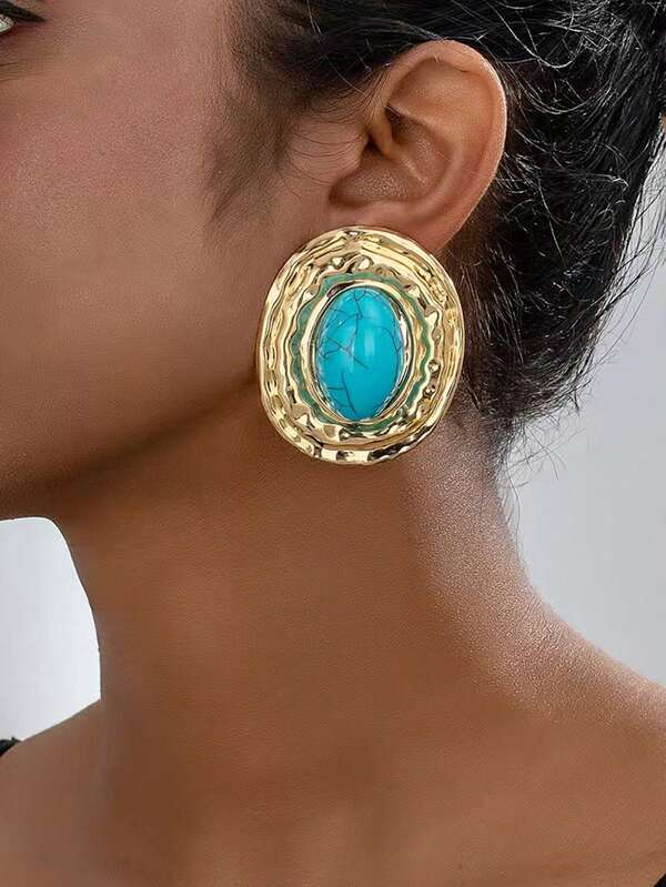 1 par/2 peças de brincos femininos elegantes, modernos e criativos, com formato oval exagerado e pérolas artificiais incrustadas. Perfeitos para festas noturnas, coquetéis, viagens e como presente.