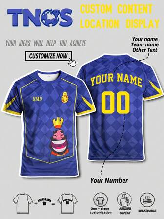 Camiseta personalizada con nombre, número y nombre del equipo español personalizado y camisetas de fútbol para hombres y jóvenes de Madrid y camisetas europeas de deportes al aire libre, fitness, running y fútbol con estampado de estilo de expresión de dibujos animados de rey y adecuado para competiciones europeas, entrenamiento de fútbol, fitness diario y regalos casuales y tiene un significado conmemorativo para los fanáticos españoles