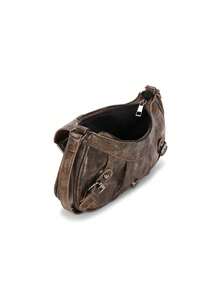 1pc Vintage Distressed Leather Motorcycle Bag, Decorated With Rivets And Buckles, Soft Touch, Folding Details, Cloud Shape, Suitable For Shoulder Or Crossbody Wear, Suitable For Work, Commute, Date And Party Occasions - Brown - View 4