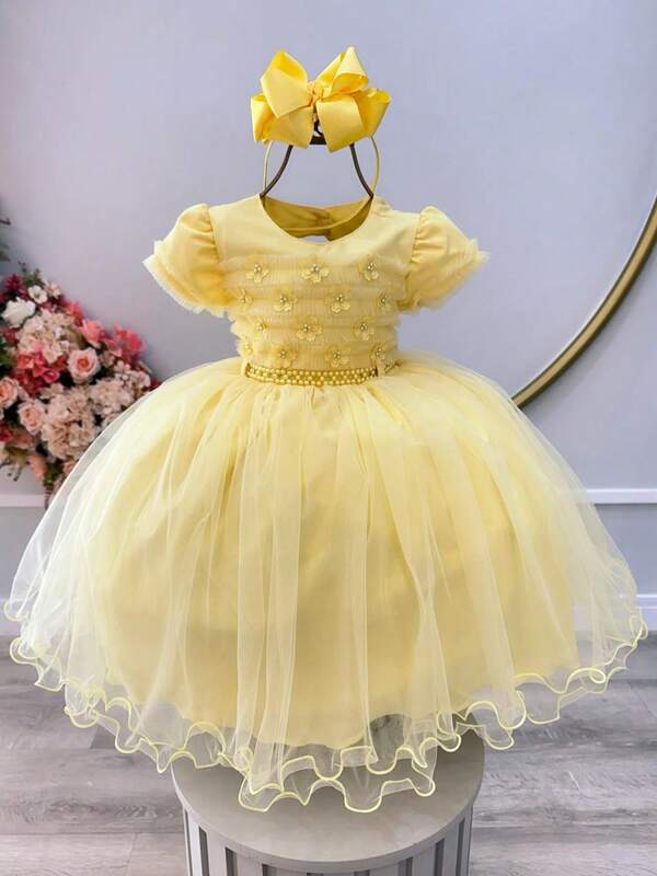 Vestido Infantil Amarelo C/ Apliques de Flores e Renda Luxo