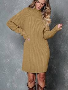2026 Women's Casual Knit Dress Sweater Dresses For Women  Fall Fashion Mock Neck Long Lantern Sleeve Oversized Outfits Knit Tops Clothes ​ , Bodycon Long Sleeve ​ For Sports Outdoor Wear, Loose Fit Long Sleeve Comfy Daily Outfits For Women - 深杏色 - 查看 3