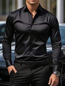 Kit Of 2 Men's Long-Sleeved Plus-Size Shirts, Solid Color, Business Casual Style, Comfortable And Breathable. - Black/white - View 2