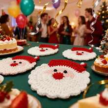 1pc/4pcs Handmade Crochet Santa Claus Coasters - Holiday Red & White Decor, Durable Fabric Drink Coasters, Christmas Table Decor, Christmas Decorations, Home Decor, Christmas Ornaments, Unique Fun Christmas Gift, Christmas Theme Party Decor, Soft Handcrafted Coasters, Great For Home, Office And Birthday Gifts