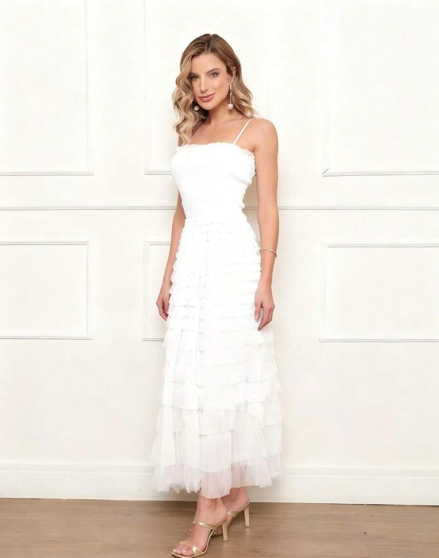 Imported Women's Long Dress With Lace - White - View 1