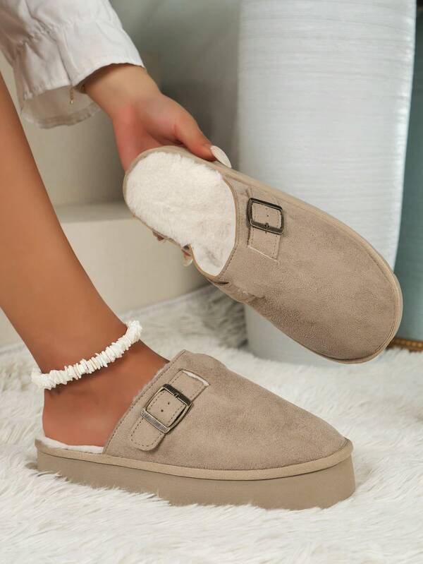 Chinelos Casuais de Cor Sólida para Mulheres, Forrados Termicamente, Macios e Confortáveis, Tira Ajustável, Sola Grossa Tipo Slip-On, Outono/Inverno