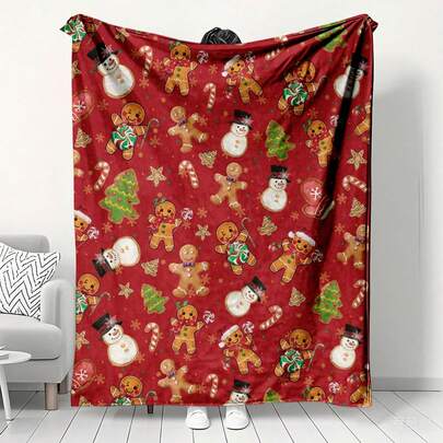 1 peça Feliz Natal, Chapéu de Natal de Homem de Gengibre, Elementos de Papai Noel e Boneco de Neve, Manta de Flanela, Adequada para Diversas Ocasiões, Perfeita para o Sofá, Viagens, Decoração de Casa e Quarto, Ideal para Presentear Família e Amigos, Lavável à Máquina, Estampa Digital, Estilo Moderno, É o Presente Perfeito para o Natal