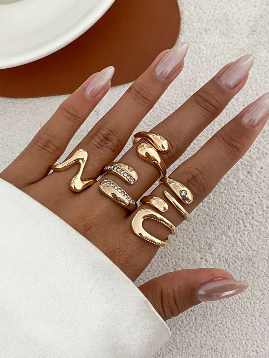 5pcs Fashionable Geometric Hollow Liquid Asymmetric Adjustable Gold Rings Jewelry Set, Suitable For Women's Daily Commute And All Occasions, Great Gift Choice - Gold - View 1