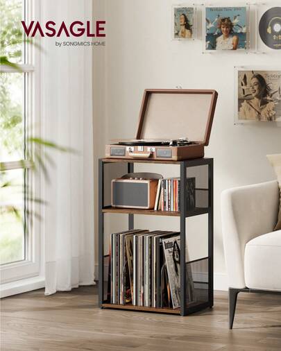 VASAGLE Soporte para Tocadiscos, Gabinete para Tocadiscos de 3 Niveles, Soporte para Vinilos para hasta 100 Álbumes, Mesa de Centro para Sala de Estar, Dormitorio, Marrón Rústico