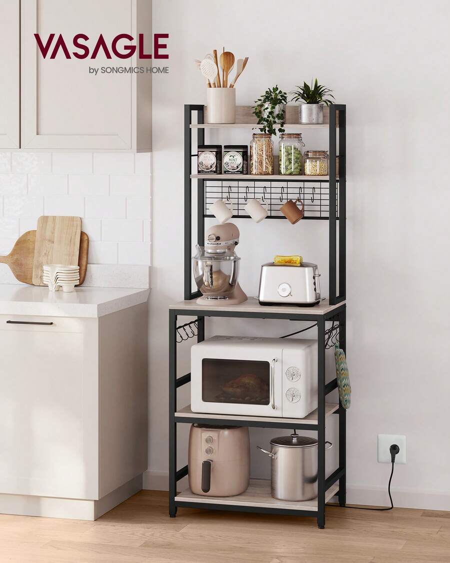 VASAGLE Estantería para Panadería con Toma de Corriente, Soporte de Microondas, Estantería de Cocina, Alambre de Metal, 14 Ganchos, 40 x 60 x 170 cm, Greige y Negro - Gris beige - Ver 1
