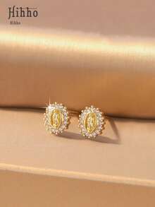 Hihho 1 Par de Brincos Vintage com Zircônias Cúbicas Brilhantes da Virgem Maria, em Tom Dourado, Ideais para Noivado/Casamento, Presentes para Festas e Natal.