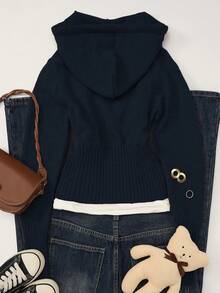 Women's Casual Cute Short Zip-Up Hooded Fitted Knit Cardigan Top, Drawstring Long Sleeve Everyday Commute Versatile Knit Jacket, Autumn/Winter Street Style Y2K - Blue - View 5