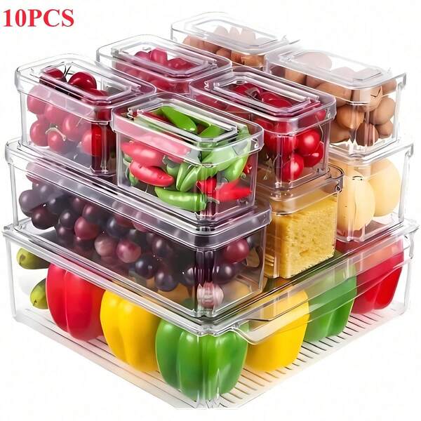 10Pack Refrigerator Organizer Bins, Stackable Clear Fridge Storage Containers With Lids For Food, Fruit, Vegetables, Drinks, Pantry,Cabinets, & Kitchen Organization,Essential Family Storage Box, Exquisite Gift