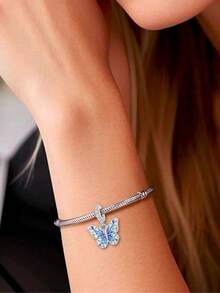 HuooNew 1pc European & American Style 925 Sterling Silver Butterfly Pendant, Inlaid Zirconia, Zirconia Beaded Decor, Unisex DIY Gift - Silver - View 4