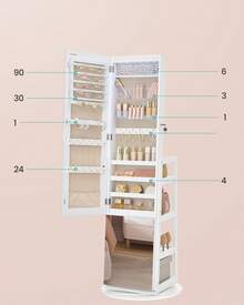 Armoire à Bijoux, Rangement à Bijoux, Miroir Intégral, 4 Étagères de Rangement, Éclairage Intégré, Rotation à 360°, pour Chambre, Dressing ou Entrée, Blanc Nuage - Blanc - Voir 5